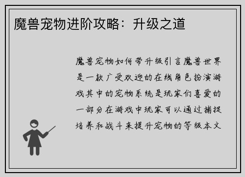 魔兽宠物进阶攻略：升级之道