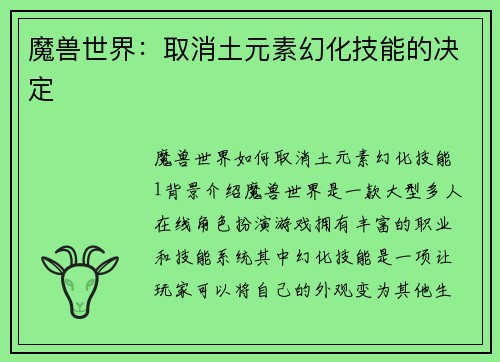 魔兽世界：取消土元素幻化技能的决定